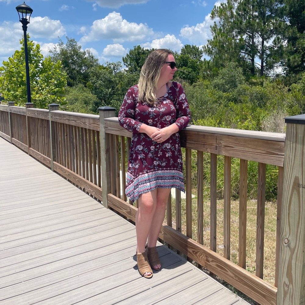 Burgundy, teal and pink 3/4 sleeve dress